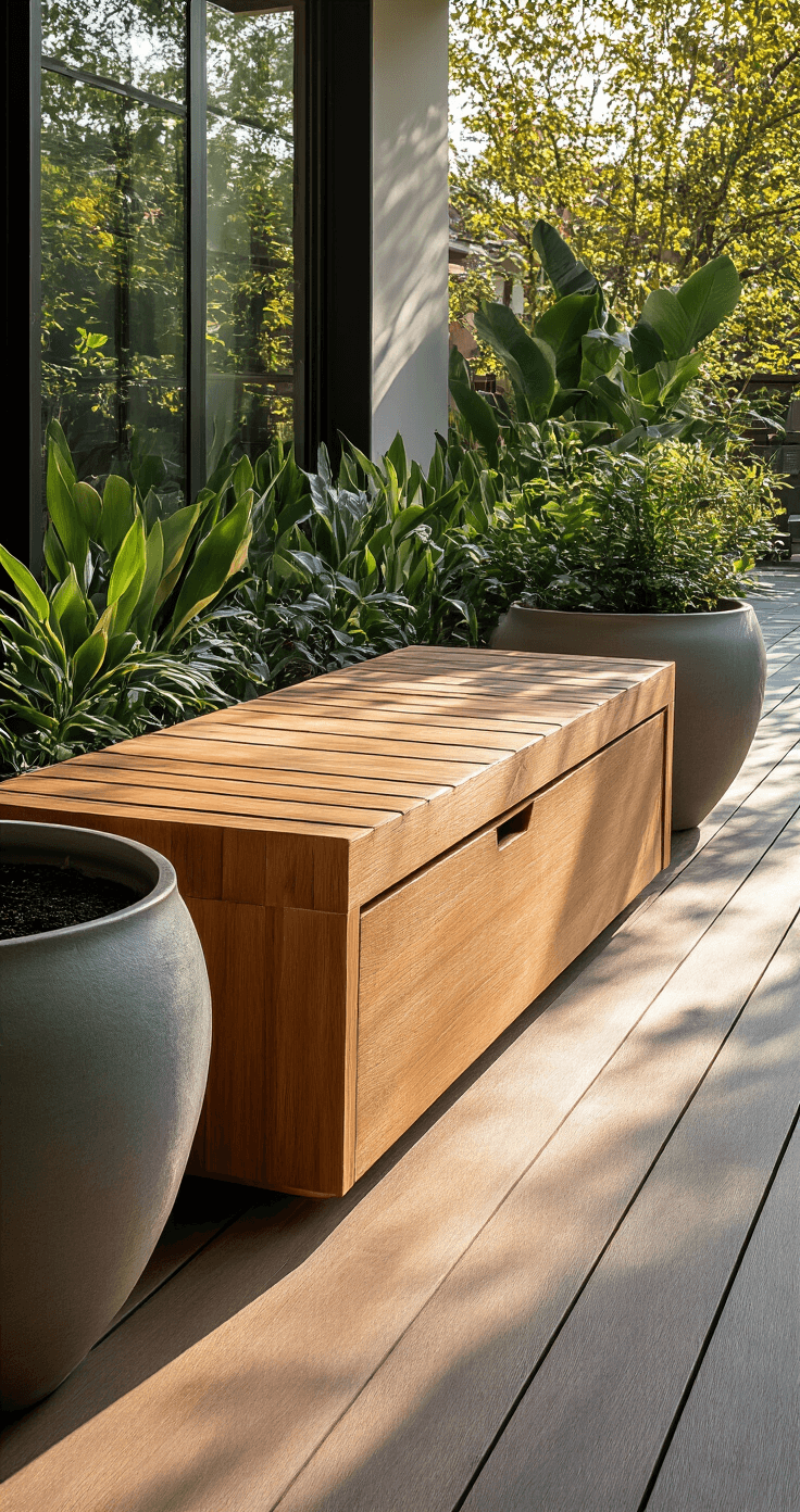 A modern teak storage bench with clean lines and hidden compartment is centered on a deck, surrounded by large ceramic planters filled with structural plants, as late afternoon sunlight casts long shadows over the smooth decking, emphasizing minimalist styling and geometric patterns.