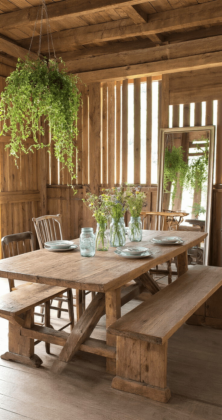 A rustic dining area in a converted barn featuring a long reclaimed oak trestle table with a rough-hewn bench and mismatched vintage chairs, bathed in dappled afternoon light filtering through slatted wooden walls. Hanging plants adorn the rafters, and an antique mirror leans against the wall, reflecting warm tones. The table is set with mason jars of wildflowers and enamelware plates, evoking an organic, bohemian atmosphere.