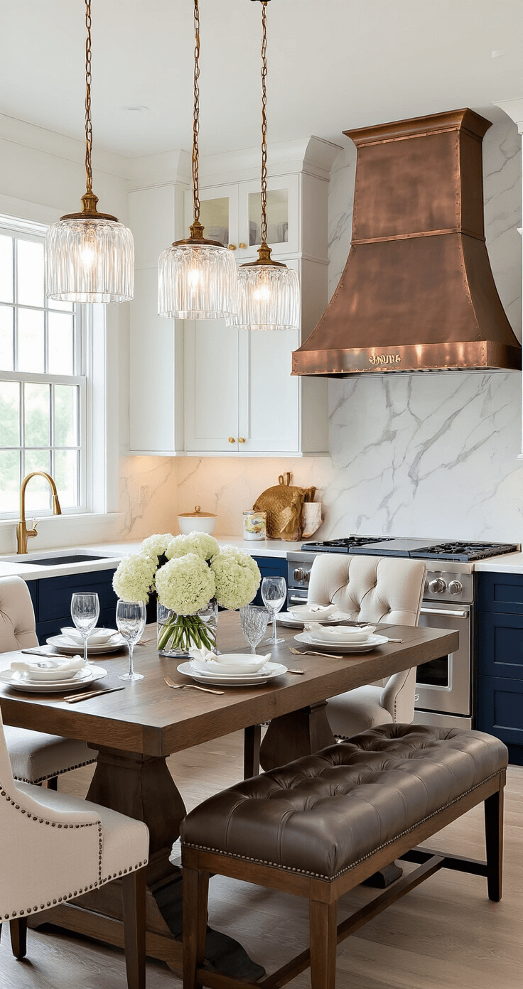 An elegant eat-in kitchen featuring a dark walnut farmhouse table with tufted leather bench and upholstered chairs, illuminated by soft crystal pendant lights. The table is set with fine china and crystal stemware, complemented by a lush white hydrangea centerpiece, all set against navy blue cabinetry with brushed gold hardware and a striking hammered copper range hood. Warm ambient lighting enhances the sophisticated and luxurious atmosphere, perfect for entertaining.