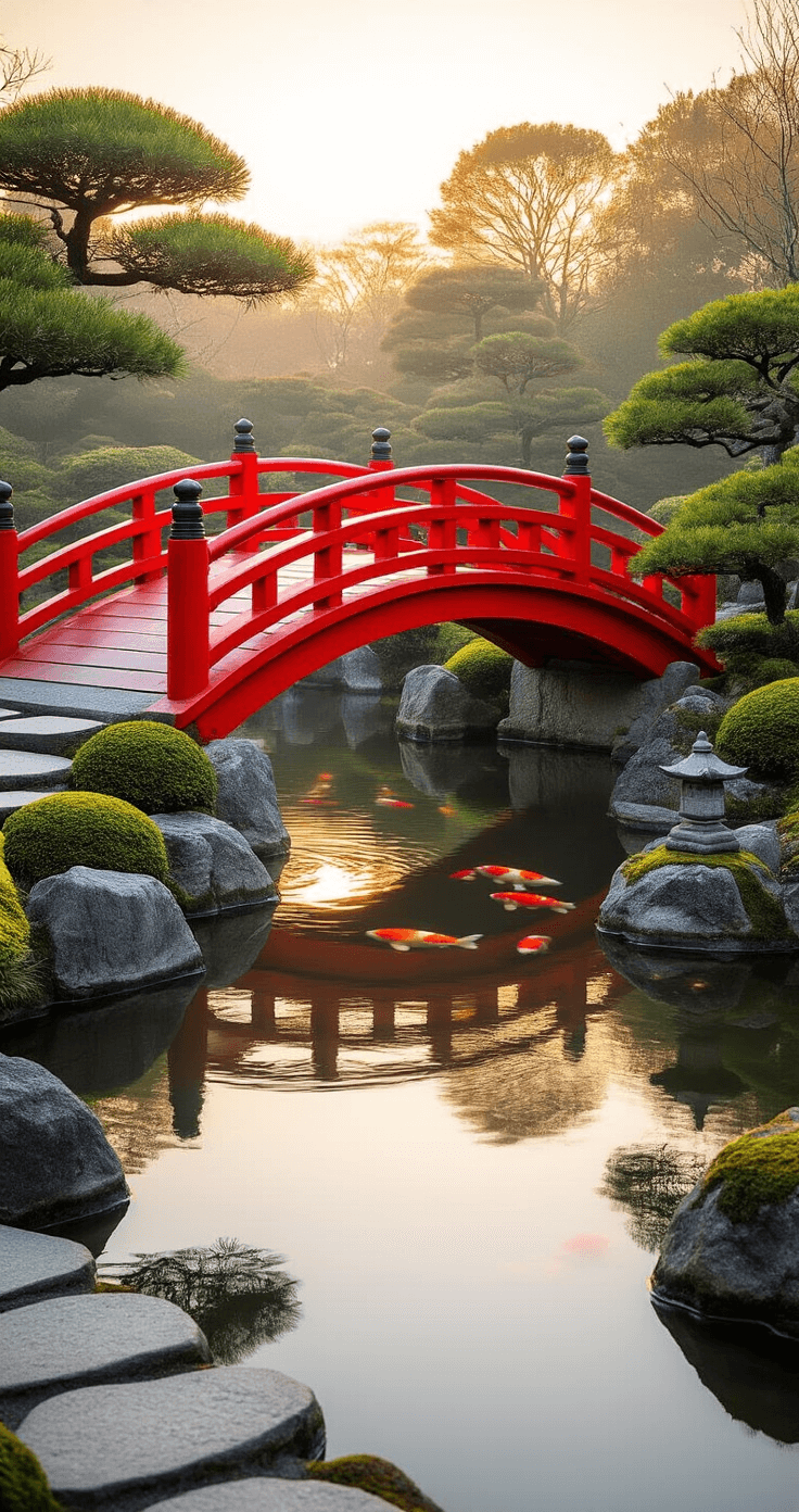 A serene Japanese garden with a vermillion-red moon bridge over a koi pond at golden hour, reflecting in the still water. Manicured bonsai trees and stone lanterns frame the scene, while mist hovers above the water surface, enhancing the ethereal atmosphere.
