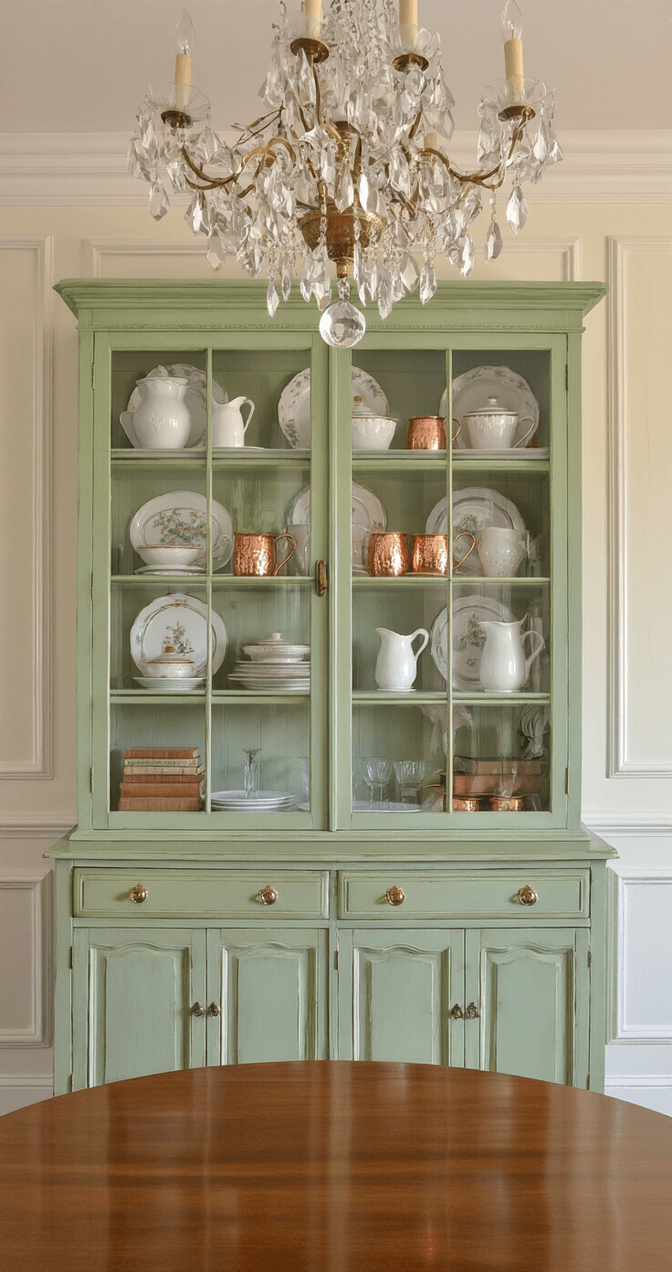 An elegant dining room with wainscoting features a tall sage green antique hutch displaying vintage china and silver serving pieces, illuminated by golden hour light and complemented by a large round mirror above.