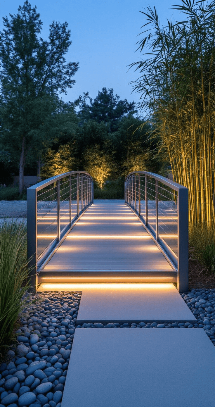A modern 8-foot brushed steel pedestrian bridge with minimalist glass railings spans a sculptural dry creek bed, illuminated by LED strip lighting, surrounded by architectural grasses and bamboo, captured during blue hour.