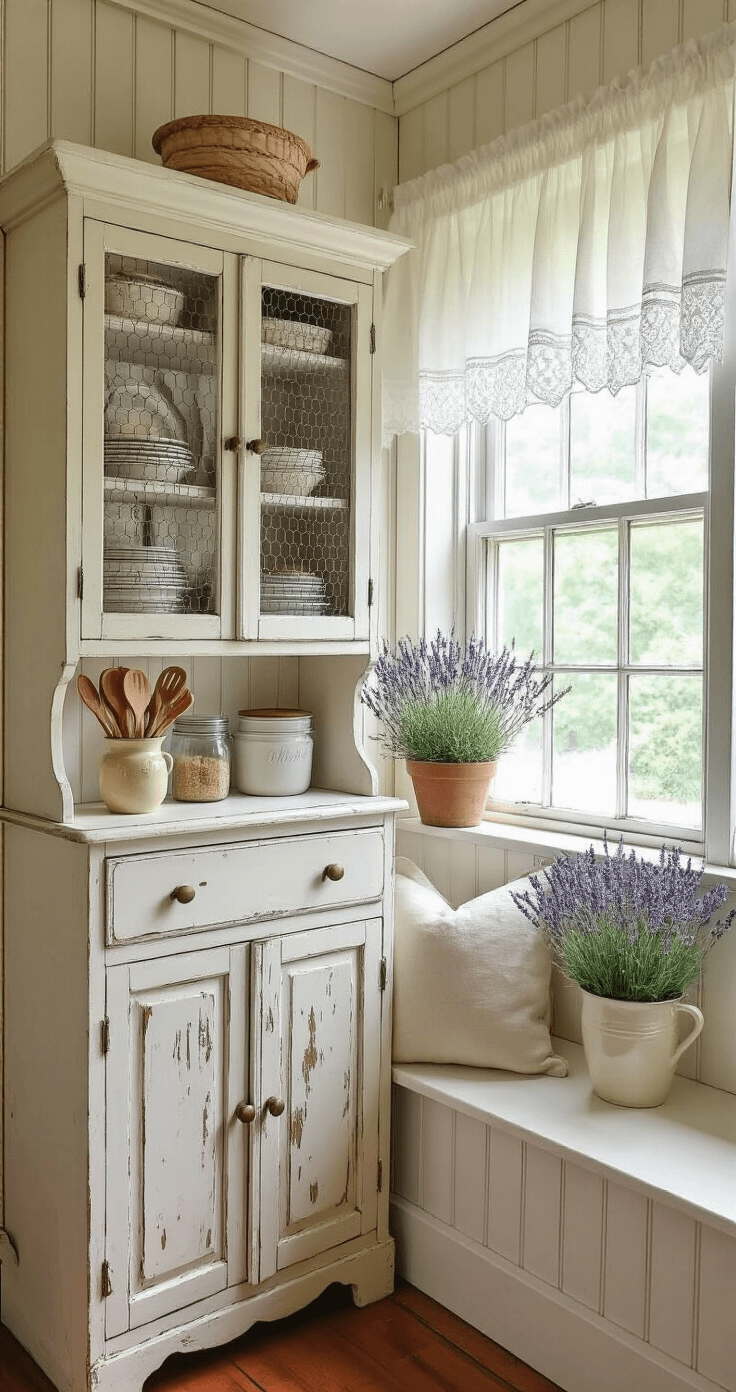 A cozy cottage kitchen with beadboard walls, a window seat, and mid-morning light filtering through lace curtains, showcasing a distressed white hutch filled with enamelware plates, vintage bread boxes, mason jars, and wooden spoons, complemented by potted lavender on the windowsill.