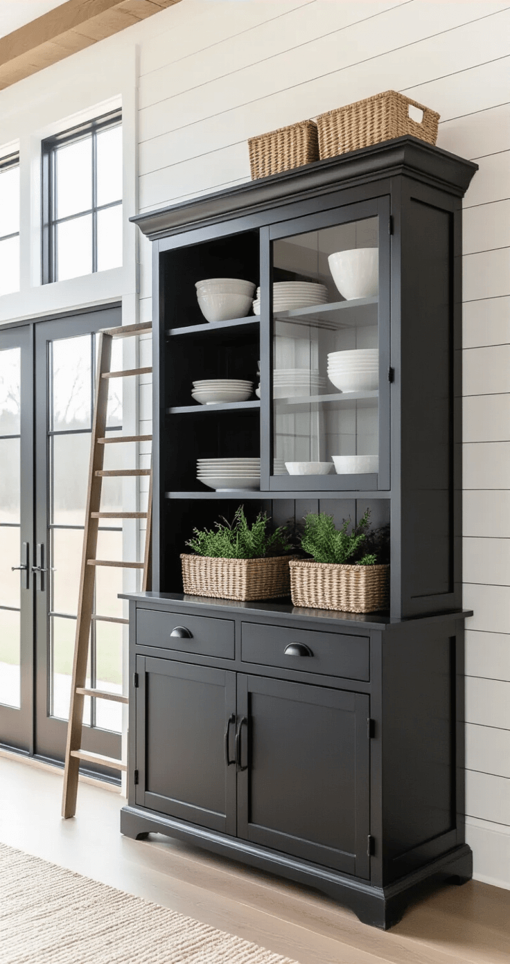 A modern farmhouse great room featuring an 8 ft tall black hutch with sliding barn doors against white shiplap walls, illuminated by late morning light through floor-to-ceiling windows, showcasing minimalist decor and greenery.