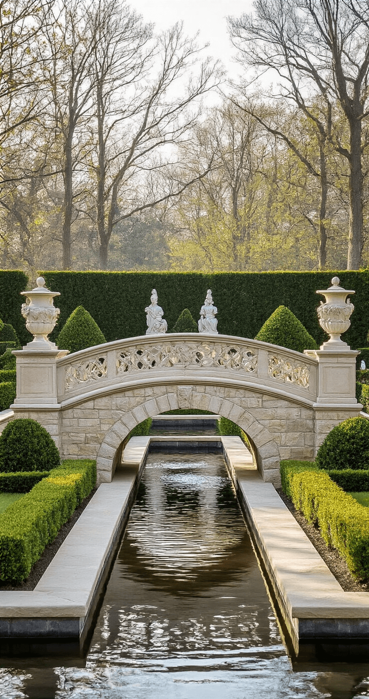 A beautifully crafted 10-foot curved stone garden bridge with integrated planters spans a tranquil water feature, surrounded by symmetrical boxwood hedges and classical statues, all illuminated by warm afternoon light.