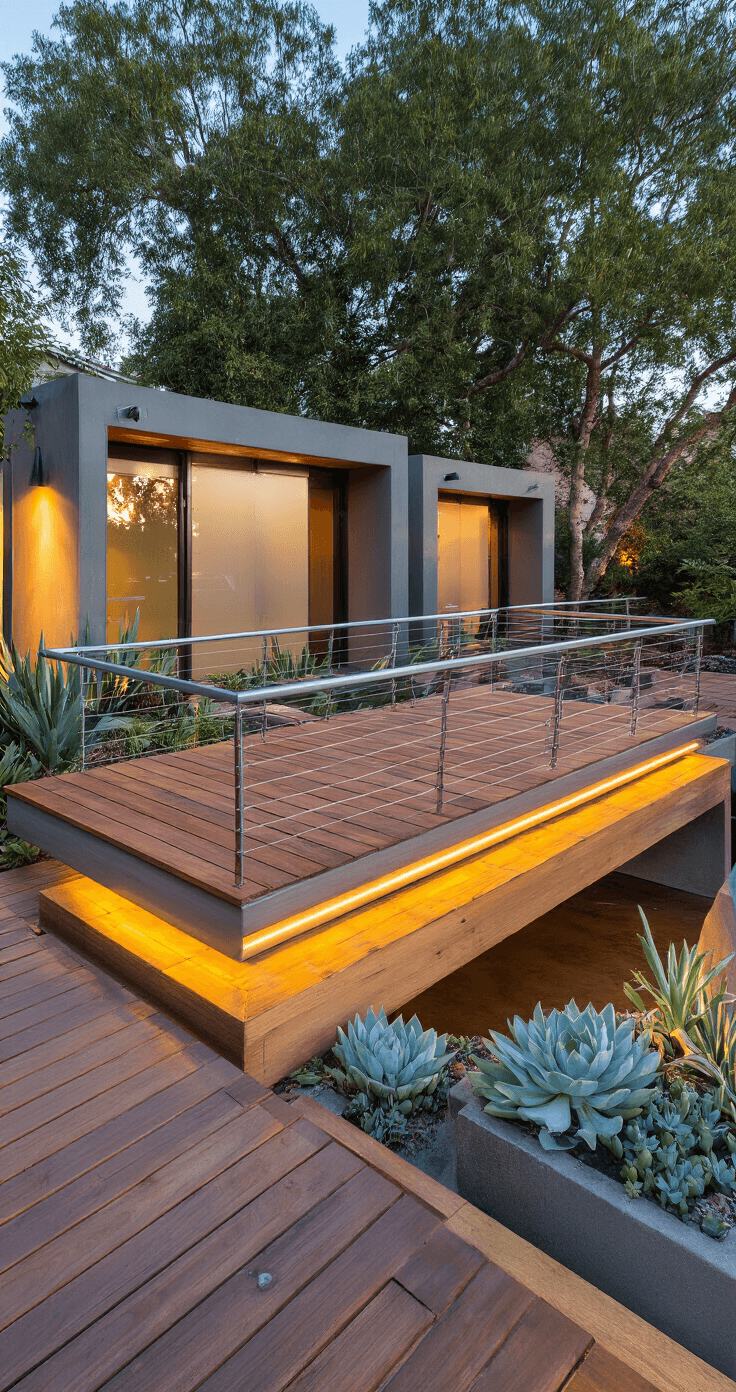 Contemporary floating deck bridge at sunset, featuring Ipe wood decking, steel cable railings, and built-in LED lighting, connecting two modern garden rooms surrounded by architectural succulents and geometric concrete planters.