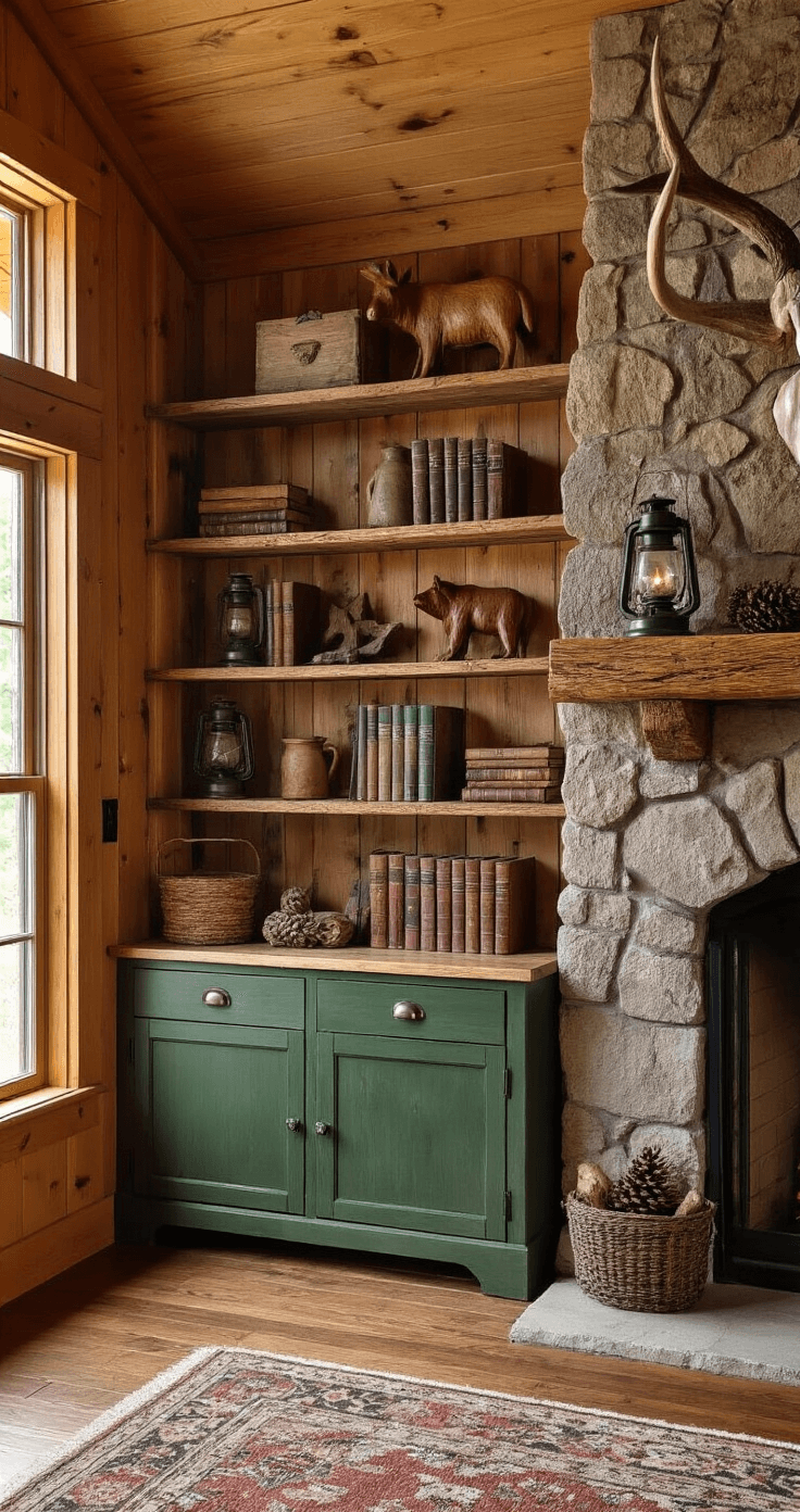 A cozy rustic cabin living room with pine walls, a stone fireplace, and warm afternoon light illuminating a repurposed barn wood hutch displaying vintage lanterns, carved wooden animals, and leather-bound books, complemented by antlers and pine cones, featuring deep forest green lower cabinets.