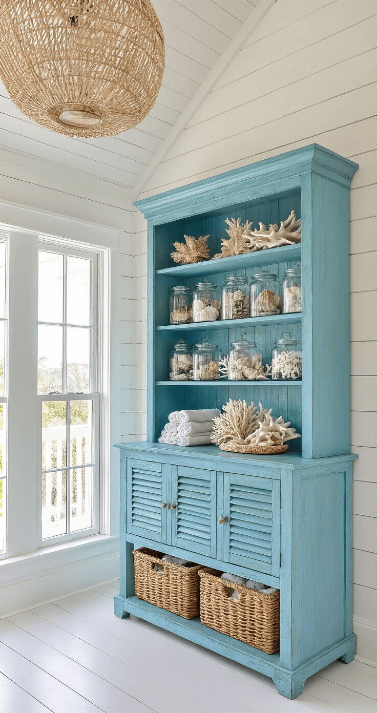 A bright coastal sunroom featuring a tall weathered blue hutch filled with beach decor, large bay windows, whitewashed wood floors, and a capiz shell chandelier, all illuminated by mid-day sunlight.