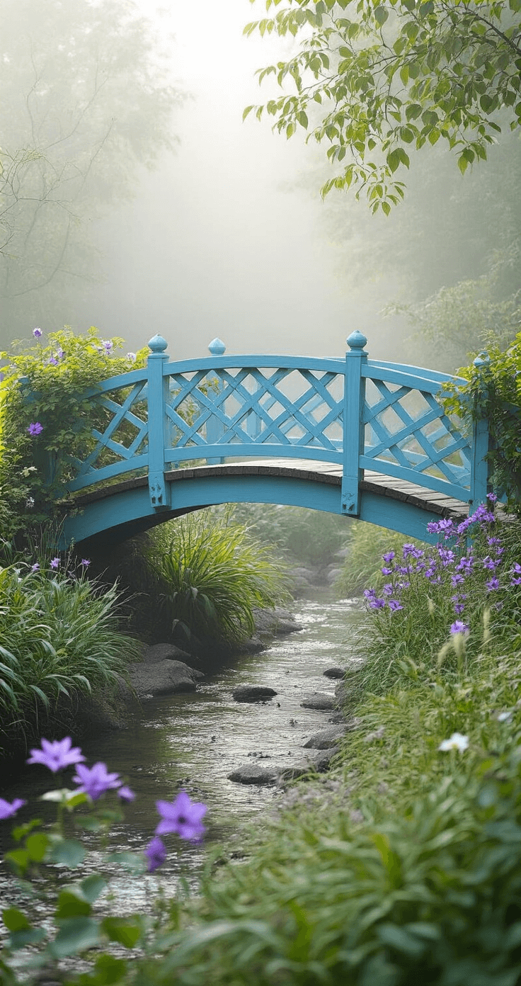 A whimsical robin's egg blue wooden bridge arches over a serene stream, adorned with climbing clematis and surrounded by a cottage garden filled with meadow flowers and ornamental grasses, captured in soft morning light and mist from a ground-level perspective.