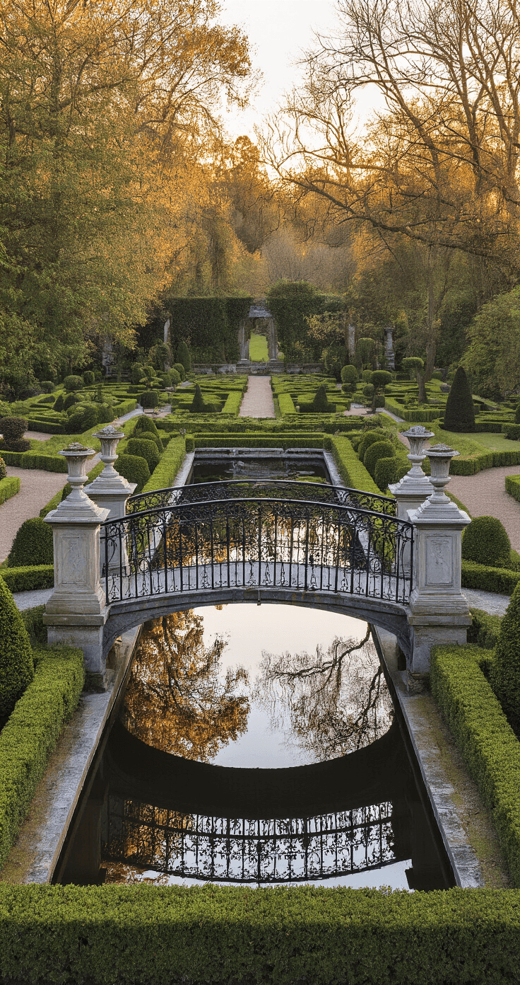 A Victorian-era garden bridge made of stone and wrought iron spans a formal reflecting pool, framed by a classic rose garden and clipped boxwood topiary. Captured in golden hour light, the scene features rich textures of weathered gray stone and black iron, creating a symmetrical reflection in the still water.
