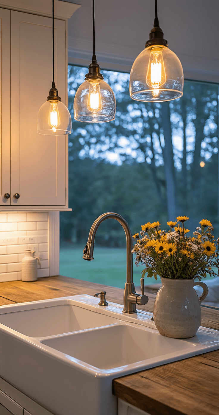 Open-concept kitchen at dusk featuring a large farmhouse sink illuminated by glass pendant lights with Edison bulbs, a brushed nickel faucet, white subway tile backsplash, and a weathered wood island with a ceramic vase of wildflowers. The scene is cozy and intimate with low ambient light.