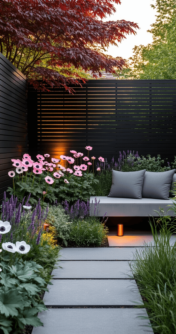 A low-angle view of a modern urban garden at golden hour, featuring a tall matte black slat fence, vibrant pink and white anemones, purple salvias, and silver artemisia. Copper solar lights illuminate the plants, while natural stone pavers lead to a sleek concrete bench with gray cushions, all beneath the soft light filtering through a Japanese maple's burgundy leaves.