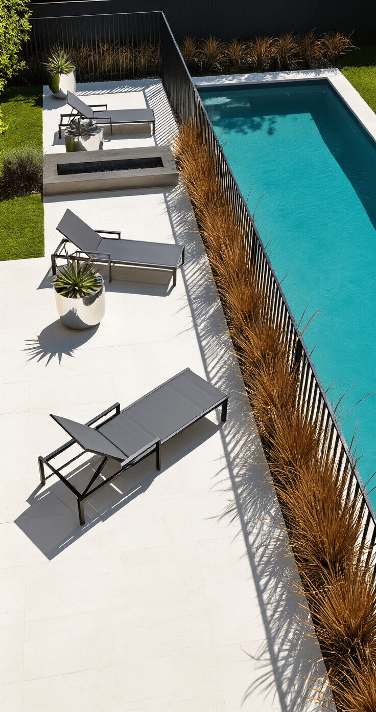 Aerial view of a contemporary poolside with a 6ft black aluminum fence around an azure pool, white limestone decking, charcoal gray loungers, tall ornamental grasses in copper and gold tones, and chrome planters with succulents under dappled sunlight.