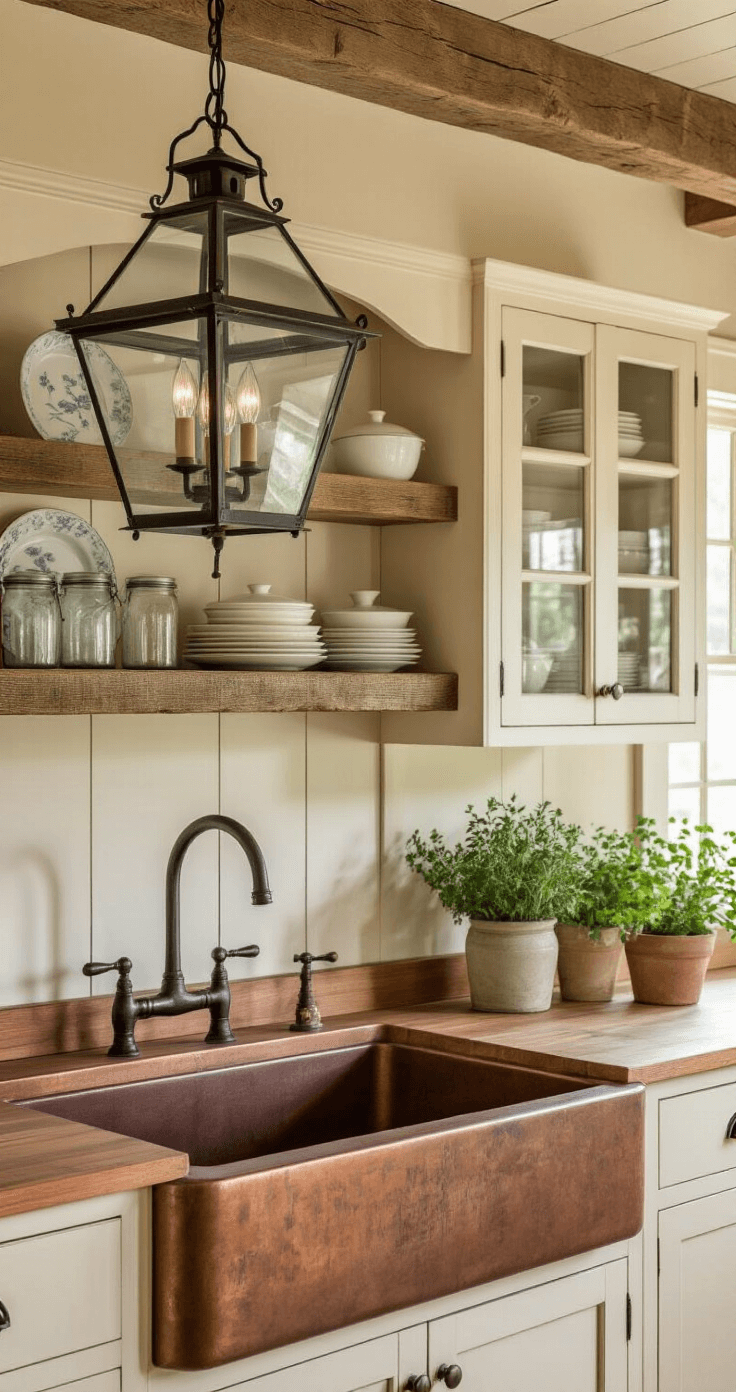 A charming country kitchen bathed in early morning light, featuring a copper farmhouse sink under a wrought iron lantern fixture, cream-colored cabinets with glass fronts, and a reclaimed wood shelf displaying mason jars and herbs, all creating a warm, nostalgic atmosphere.