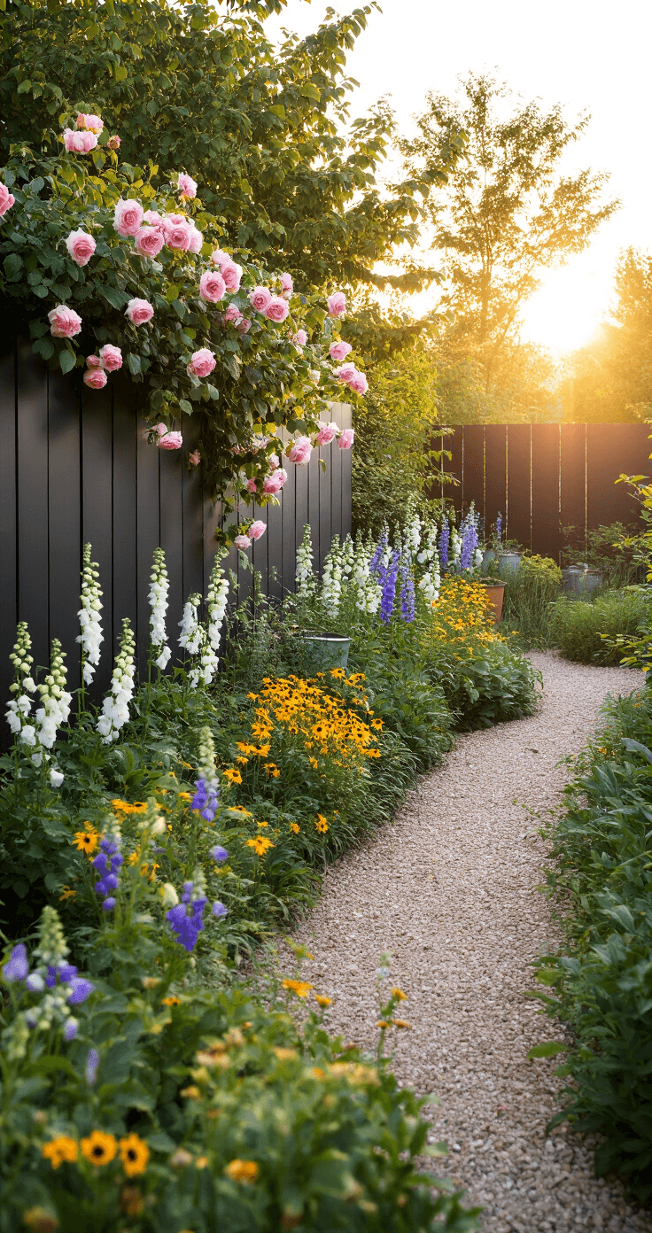 Ground-level view of a cottage garden border at sunrise, featuring black metal panels with climbing pink roses, layers of white foxgloves, purple delphiniums, and yellow coreopsis, a crushed beige gravel path, and vintage zinc containers, all enhanced by morning dew and soft light.