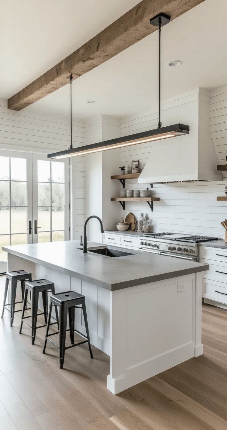 A bird's-eye view of a modern farmhouse kitchen featuring a massive island with a concrete countertop, double farmhouse sinks, and minimalist bar stools, illuminated by a sleek black linear suspension lamp, surrounded by stainless steel appliances and matte black hardware.