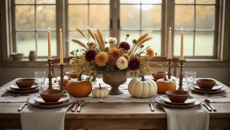 A cozy autumn farmhouse dining table centerpiece featuring heirloom pumpkins, brass candlesticks with ivory candles, dried flowers, and textured linens, all bathed in warm natural light.