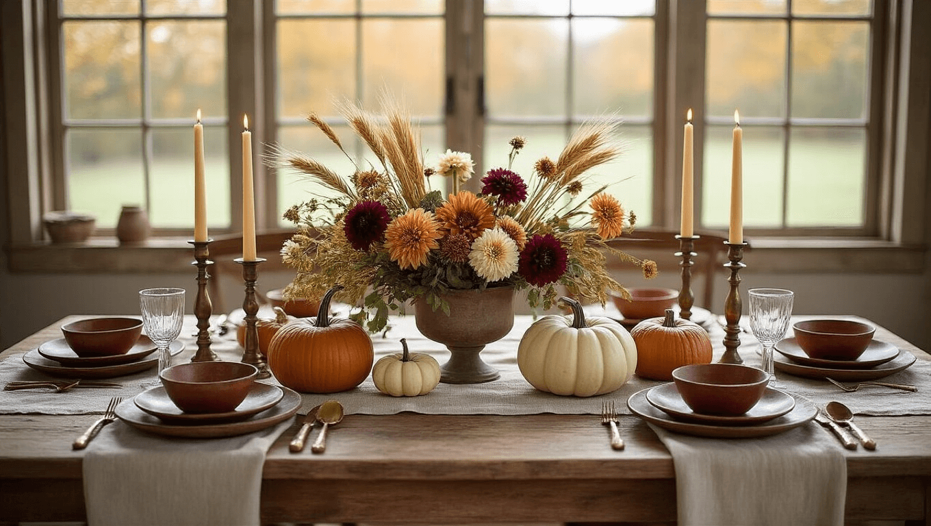 A cozy autumn farmhouse dining table centerpiece featuring heirloom pumpkins, brass candlesticks with ivory candles, dried flowers, and textured linens, all bathed in warm natural light.