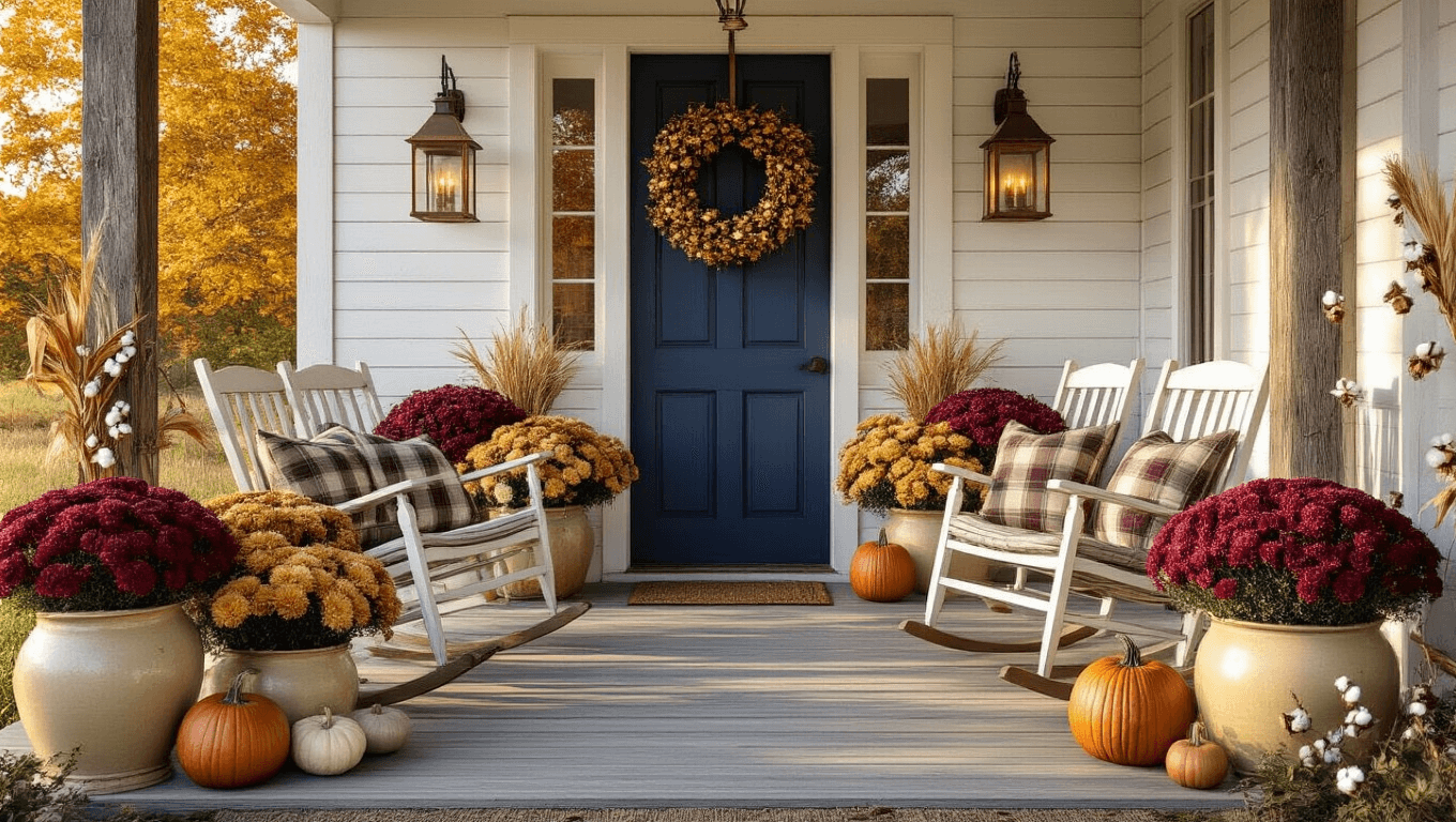 A sunlit farmhouse porch adorned with weathered rocking chairs, vibrant autumn flowers, heirloom pumpkins, and a vintage navy door, all captured in warm golden hour light and rich textures.