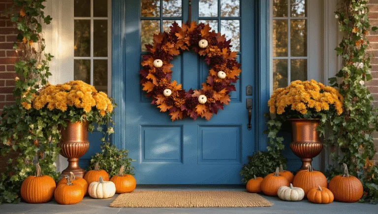 A grand entryway featuring a vintage blue door adorned with a handcrafted grapevine wreath, surrounded by symmetrical copper urns filled with golden chrysanthemums, cascading ivy, and a collection of varied-sized pumpkins, all illuminated by golden hour sunlight.