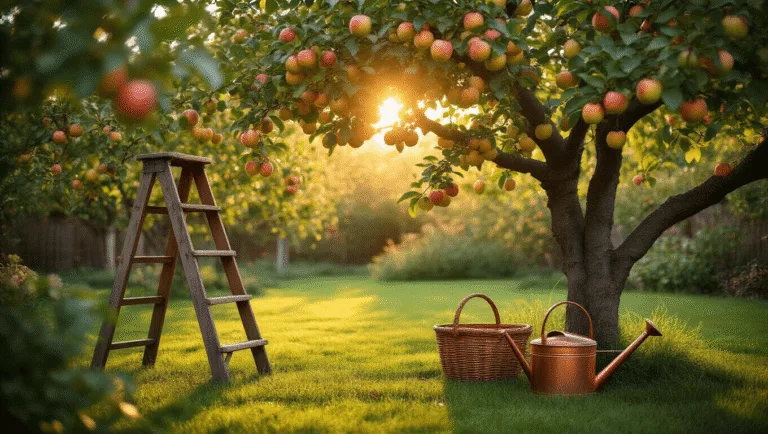 Atmospheric golden hour photograph of a backyard orchard featuring mature fruit trees, a vintage wooden ladder, a copper watering can, and a woven harvest basket, with warm sunlight filtering through branches and dewdrops on fruit.