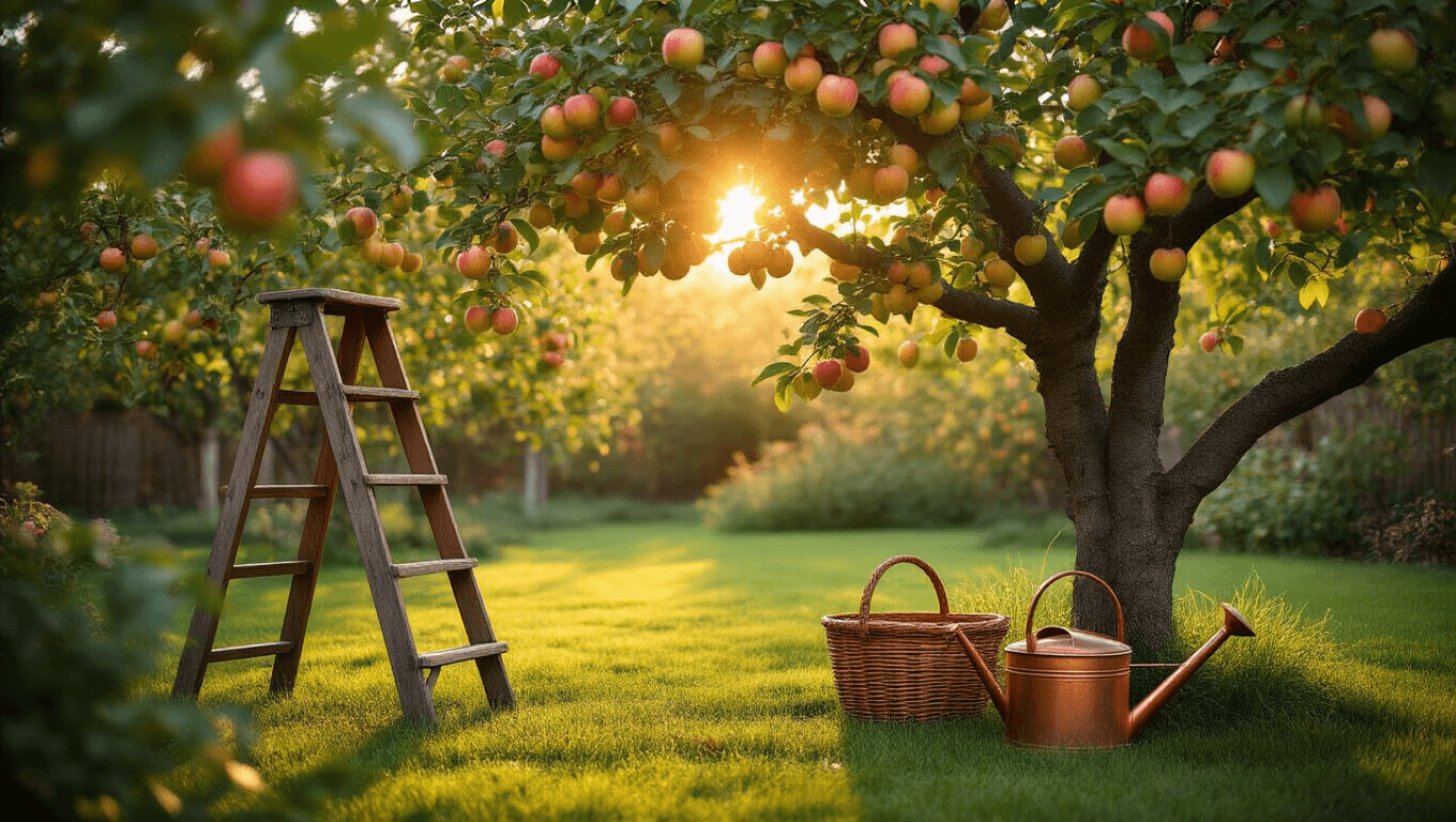 Atmospheric golden hour photograph of a backyard orchard featuring mature fruit trees, a vintage wooden ladder, a copper watering can, and a woven harvest basket, with warm sunlight filtering through branches and dewdrops on fruit.
