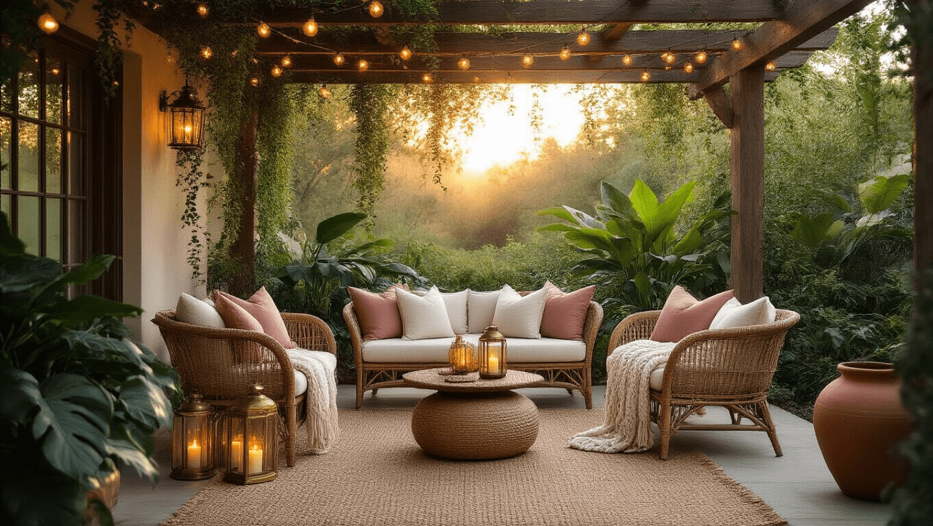 A luxurious patio sanctuary at golden hour, featuring a rattan loveseat, string lights overhead, vintage Moroccan side tables, terracotta planters with plants, and a handwoven jute rug, all captured in soft backlighting and warm hues.