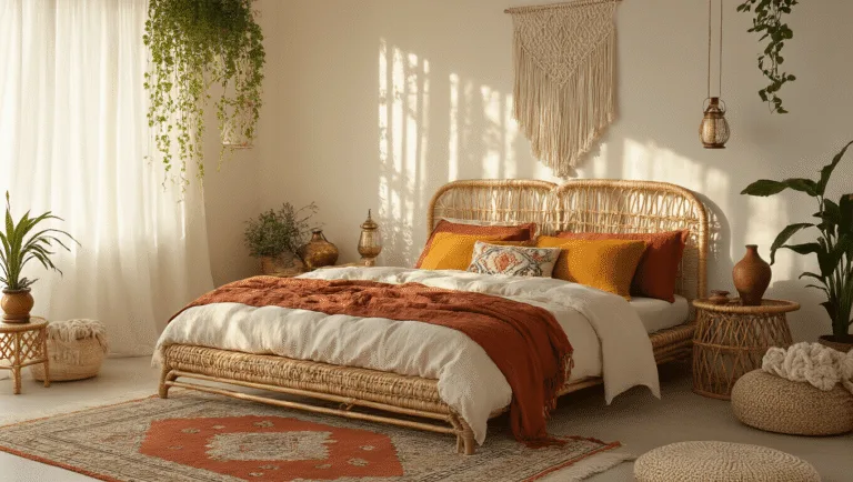 A sunlit boho bedroom featuring a low-profile rattan bed with layered textiles, macramé wall hangings, cascading plants, and a vintage Moroccan rug, captured in soft focus with rich textures and warm lighting.