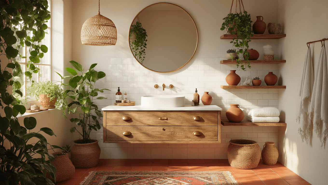 A bohemian bathroom interior featuring warm golden hour lighting, white subway-tiled walls, terracotta floors, a reclaimed wood vanity, and cascading pothos plants, with decorative elements like a circular brass-framed mirror, rattan pendant light, and a vintage kilim rug.