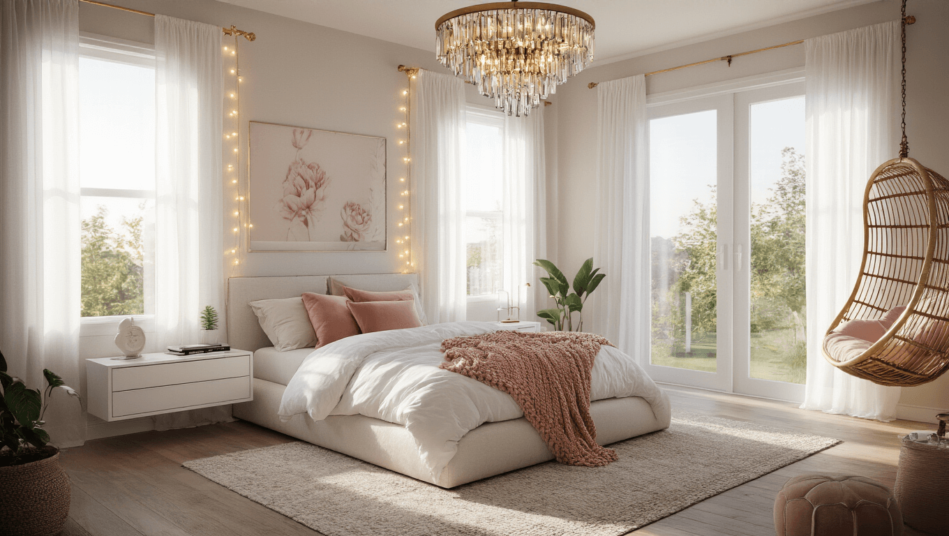 A beautifully styled teen bedroom featuring a low-profile platform bed, blush velvet pillows, a statement chandelier, and a rattan hanging chair, bathed in warm golden hour light.