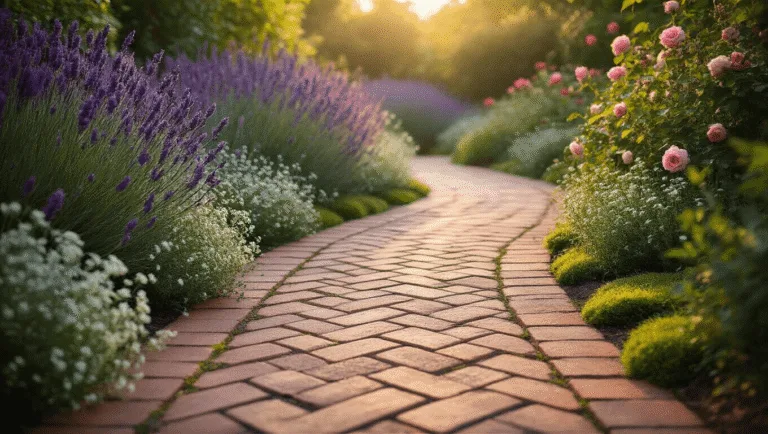A winding garden path of weathered clay bricks in a herringbone pattern, surrounded by lush flowers, captured during golden hour with soft sunlight, creating a dreamy atmosphere and bokeh effect.