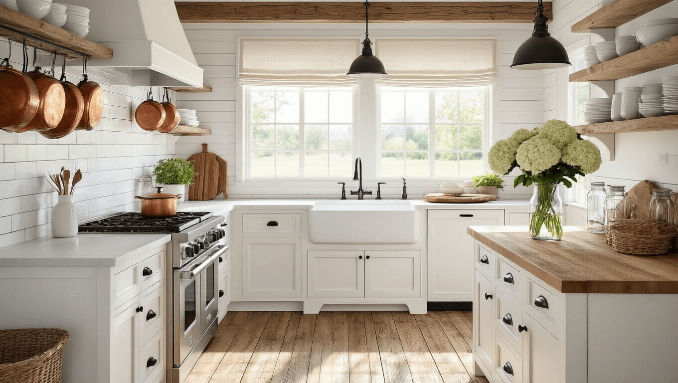 Photorealistic image of a bright galley kitchen featuring white shaker cabinets, distressed oak flooring, an apron-front farmhouse sink, vintage copper pots, and a movable butcher block island, bathed in warm golden hour light.