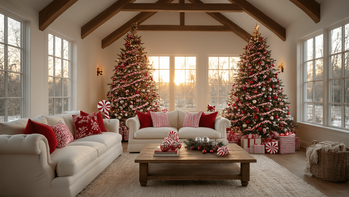 Cozy living room with vaulted ceiling and exposed beams, featuring a 7-foot Christmas tree decorated with candy canes and ornaments, plush sofas, warm lighting, and vintage accents in a photorealistic style.