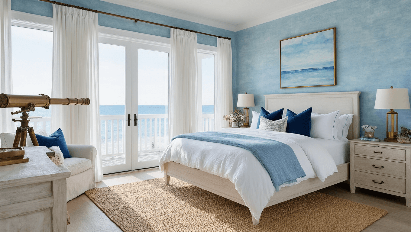 A luxurious coastal master bedroom with powder blue walls, a king-size bed adorned with white linens and blue pillows, surrounded by sheer curtains and ocean views through large windows, bathed in soft morning light.