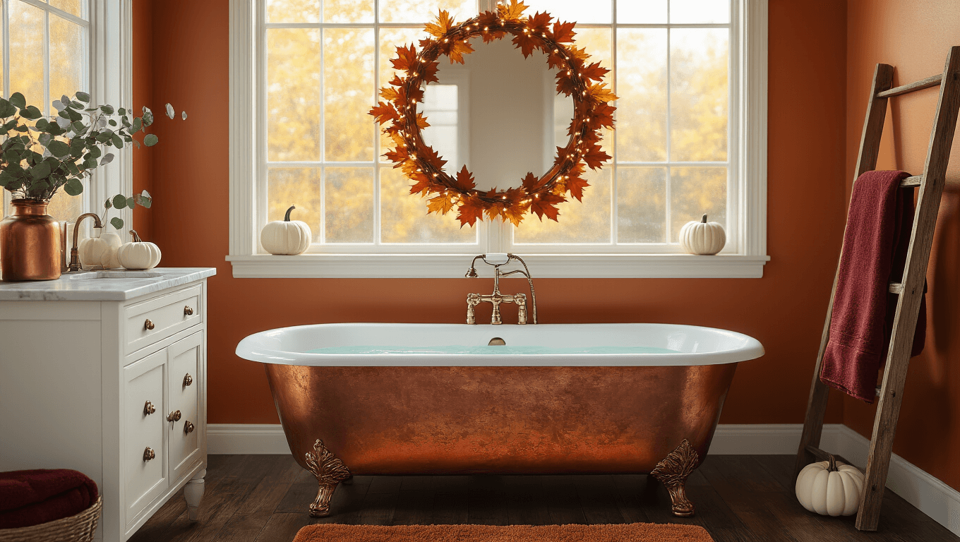 A cozy fall bathroom featuring a clawfoot copper tub against a burnt orange wall, with warm golden hour lighting, dark hardwood flooring, a vintage white vanity, and decor including maple leaf garland, ceramic pumpkins, and eucalyptus stems.