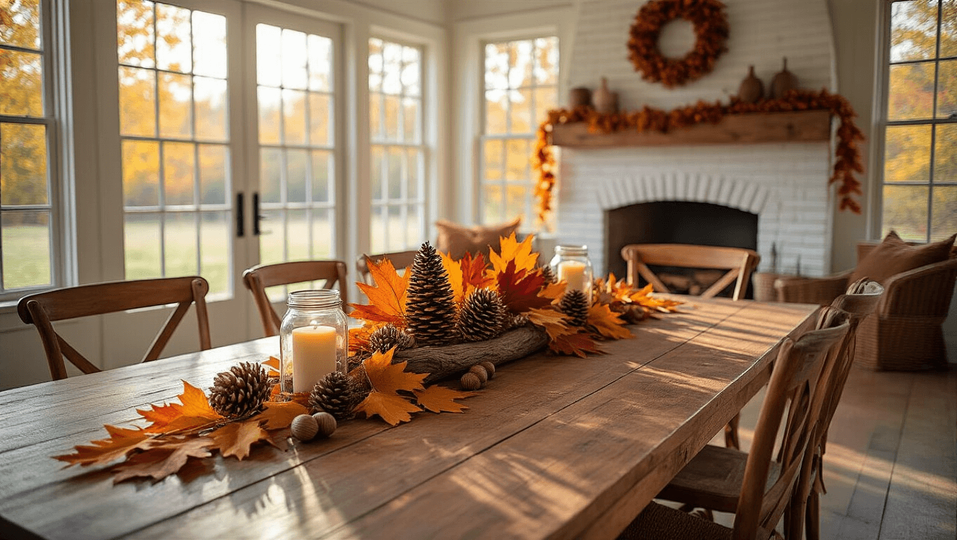 A sunlit farmhouse interior featuring a rustic wooden dining table with a fall centerpiece, cozy sectional, and autumn decor elements in warm tones.