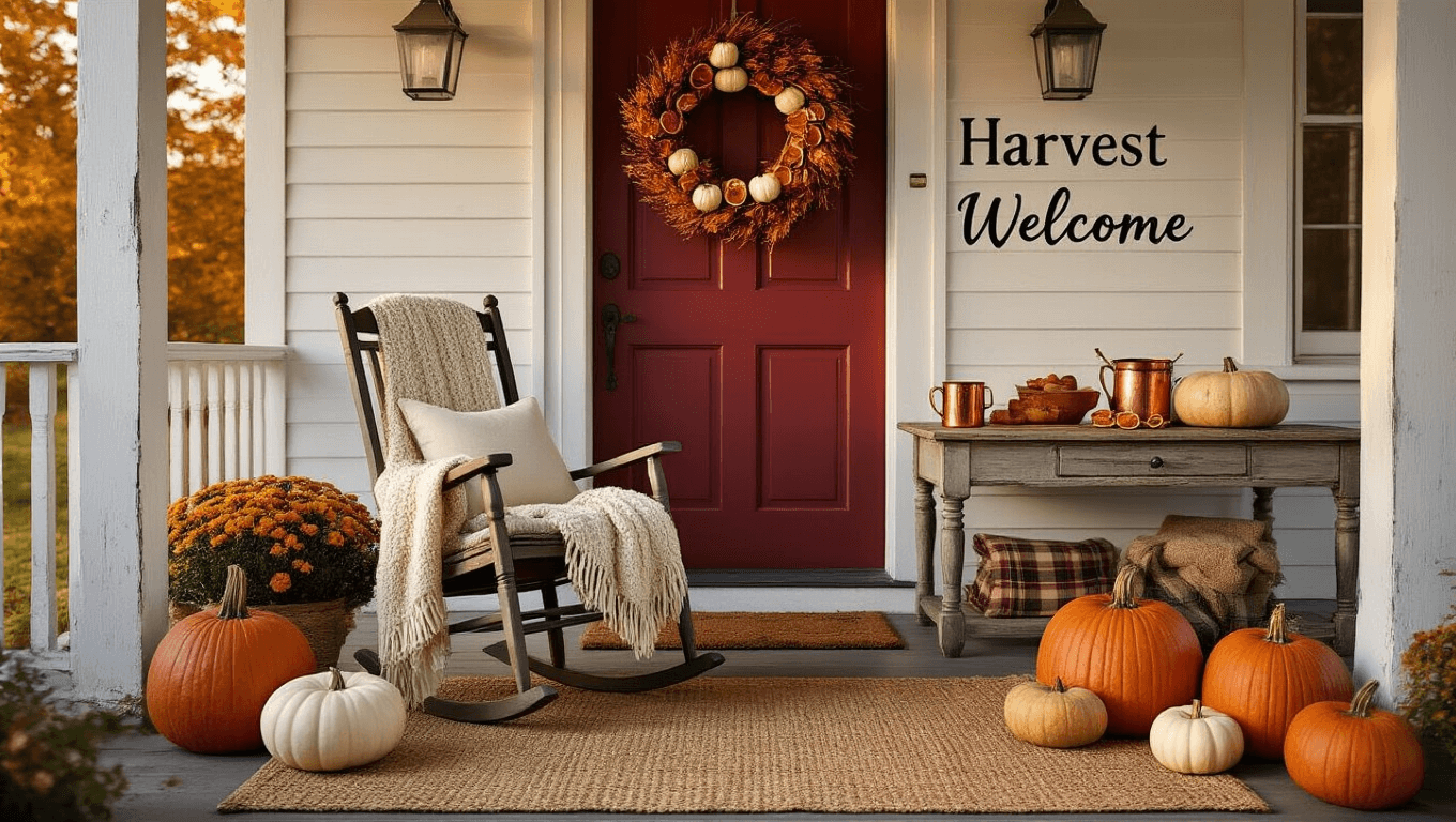 A cozy autumn porch featuring a crimson door with a grapevine wreath, vintage rocking chair, copper mug of cider, heirloom pumpkins, and string lights, all bathed in warm golden hour light.