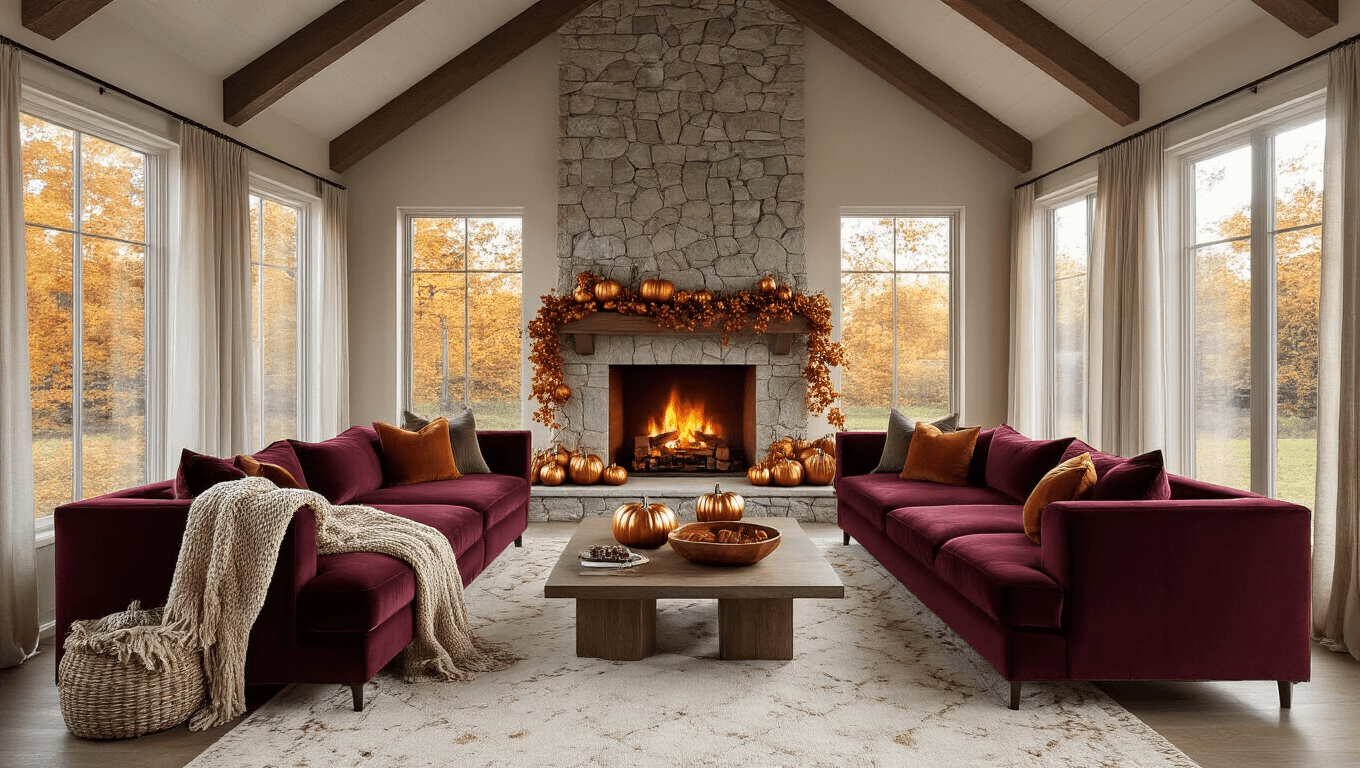 A luxurious autumn living room featuring a grand stone fireplace, burgundy velvet sectional with chunky knit throws, and decor of metallic pumpkins and maple leaf garland, illuminated by warm golden hour light through bay windows with sheer curtains.