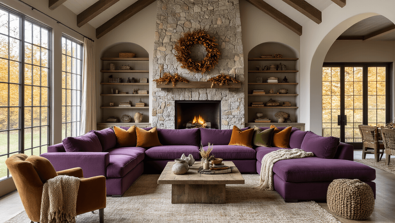 Spacious autumn-themed living room featuring a luxurious plum sectional sofa, dramatic stone fireplace, and styled built-in bookshelves, illuminated by golden afternoon light.