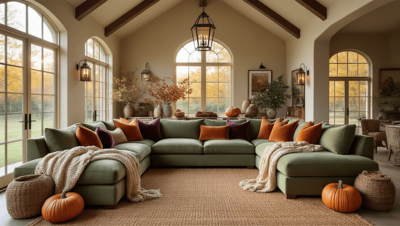 Spacious autumn-inspired living room with sage green L-shaped sofa, rust and plum pillows, golden hour lighting, and decorative pumpkins, captured in high-end interior photography.