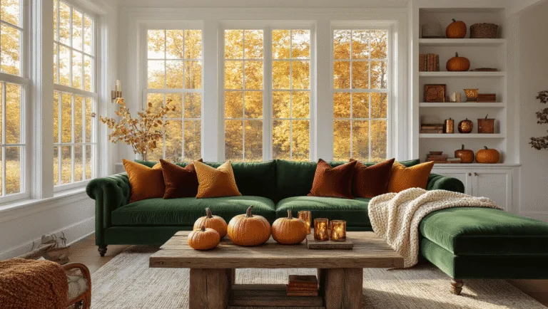 A luxurious autumn living room featuring a green velvet sofa, vibrant throw pillows, and an arrangement of heirloom pumpkins on a reclaimed wood coffee table, illuminated by golden sunlight.