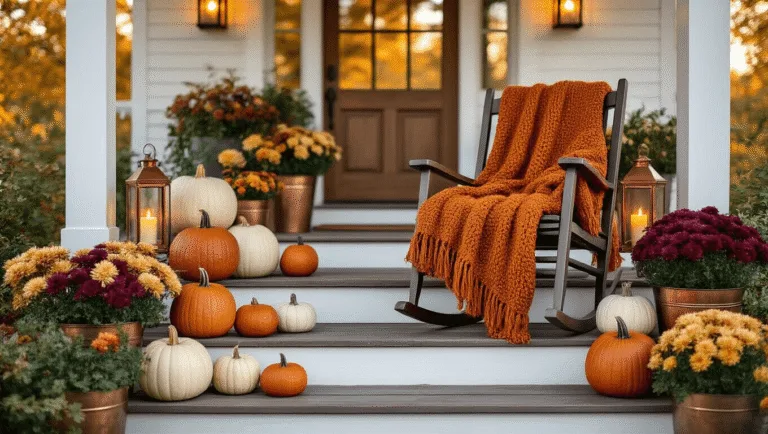 A cozy autumn porch featuring a plum-colored front door with a natural wreath, vintage ladder with pumpkins and flowers, warm lanterns, a chunky knit throw, cascading ivy in wall planters, a burnt orange doormat, and a "Welcome Fall" sign, all captured in soft golden hour lighting.