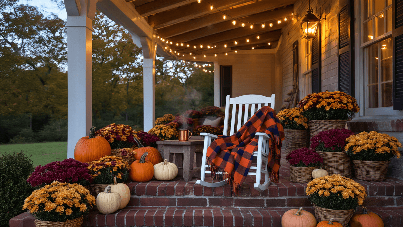A cozy autumn porch at dusk, featuring a vintage rocking chair with a plaid blanket, a weathered oak side table with a steaming copper mug, cascading heirloom pumpkins down brick steps, woven baskets with chrysanthemums, and warm string lights creating a moody atmosphere.