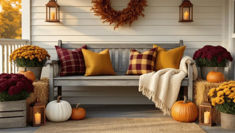 A cozy autumn porch scene featuring a weathered wooden bench with plaid pillows and a chunky knit throw, surrounded by heirloom pumpkins on hay bales, copper lanterns, potted mums, string lights, and a handcrafted wreath on a farmhouse door, all bathed in golden hour sunlight.