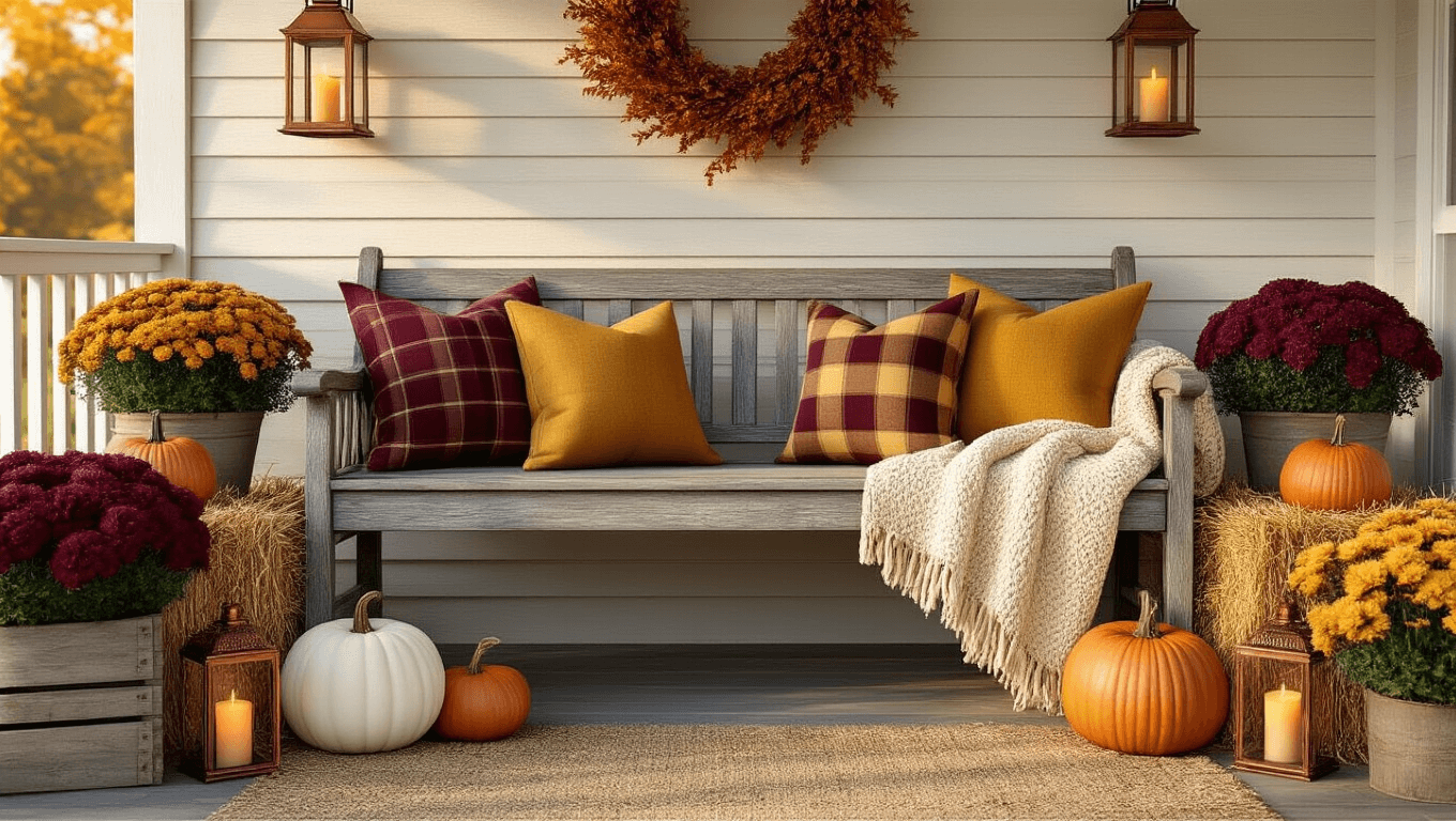A cozy autumn porch scene featuring a weathered wooden bench with plaid pillows and a chunky knit throw, surrounded by heirloom pumpkins on hay bales, copper lanterns, potted mums, string lights, and a handcrafted wreath on a farmhouse door, all bathed in golden hour sunlight.