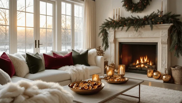 A luxurious Christmas living room featuring a grand limestone fireplace with a pine garland, plush white sofa with cranberry and sage green pillows, and warm light from mercury glass votives, captured in golden-hour lighting.