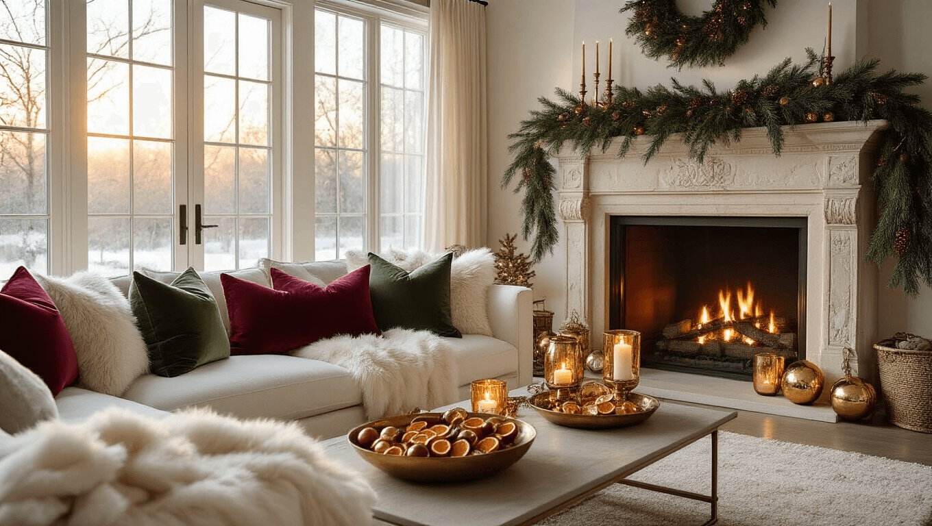 A luxurious Christmas living room featuring a grand limestone fireplace with a pine garland, plush white sofa with cranberry and sage green pillows, and warm light from mercury glass votives, captured in golden-hour lighting.