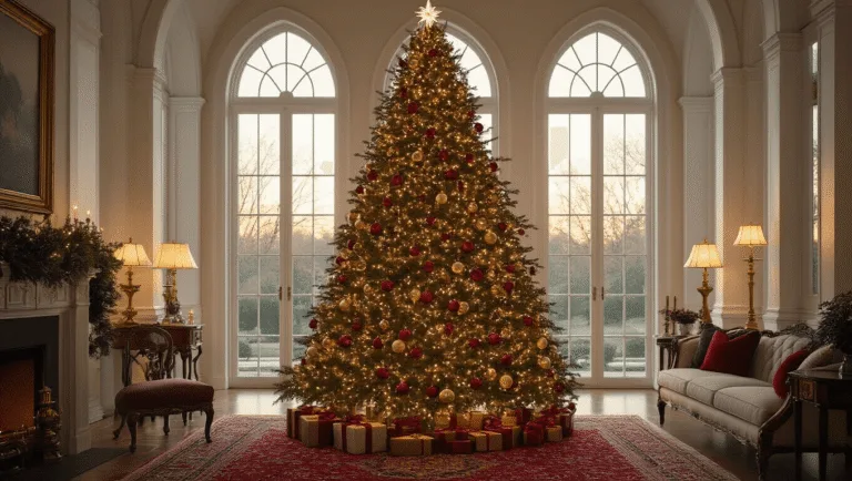 A beautifully decorated grand living room with a 9-foot Noble Fir Christmas tree, vintage glass ornaments, warm LED lights, and tall windows allowing golden hour light to illuminate the scene.
