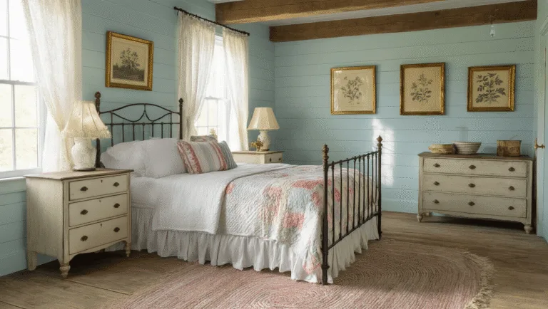 Dreamy cottage bedroom with soft morning sunlight, wrought-iron bed, vintage quilt, antique dresser, shiplap walls with botanical prints, wide plank floors, and a curio cabinet, all in hyperrealistic detail.