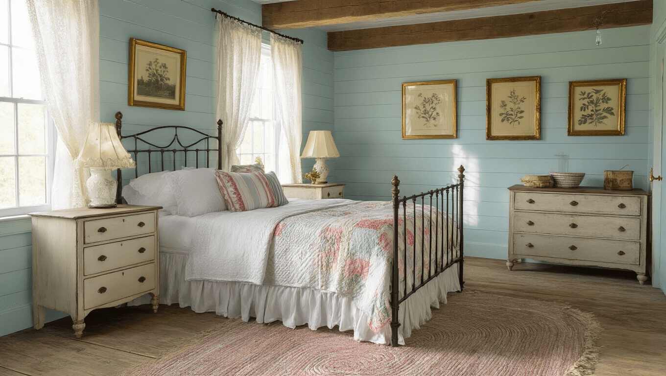 Dreamy cottage bedroom with soft morning sunlight, wrought-iron bed, vintage quilt, antique dresser, shiplap walls with botanical prints, wide plank floors, and a curio cabinet, all in hyperrealistic detail.